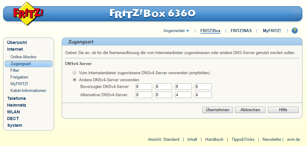 Kabelmodem-Router AVM Fritzbox Cable 6360 DNS konfiguration